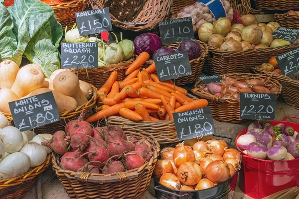 Лук Морковь Другие Овощи Продажи Рынке Лондоне — стоковое фото