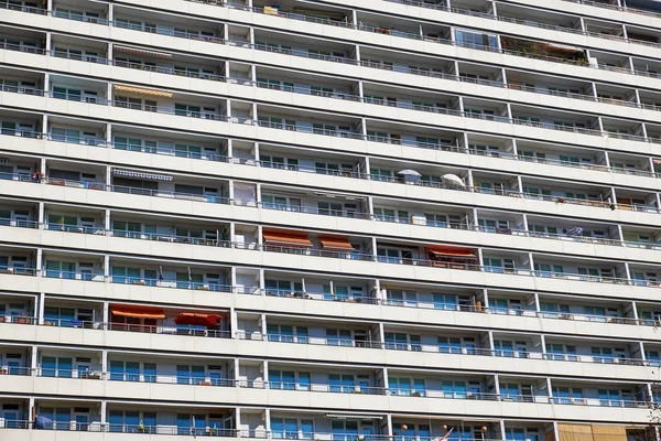 Balconies of a prefabricated public housing building seen in Berlin, Germany