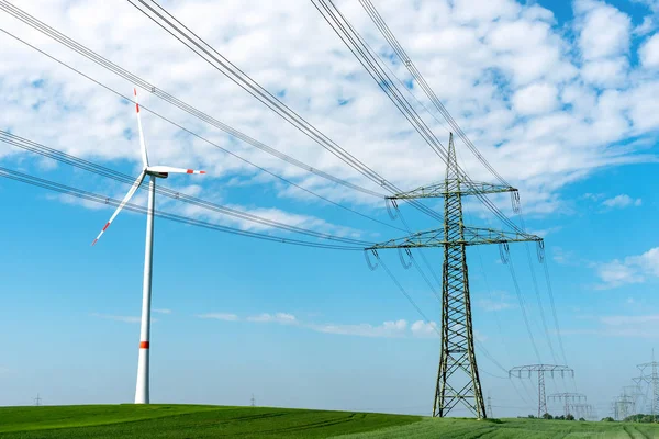 Línea Eléctrica Turbina Eólica Vistas Alemania —  Fotos de Stock