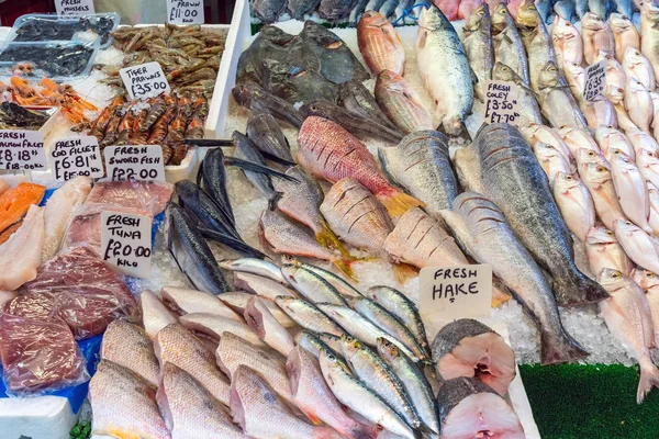 Diferentes Tipos Peixes Camarões Para Venda Mercado Brixton Londres — Fotografia de Stock