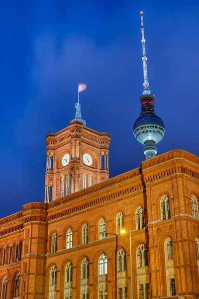 Town Hall Famous Television Tower Berlin Night — Stock Photo, Image