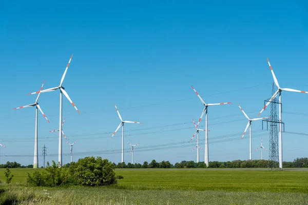 Power Lines Wind Engines Seen Germany — Stock Photo, Image