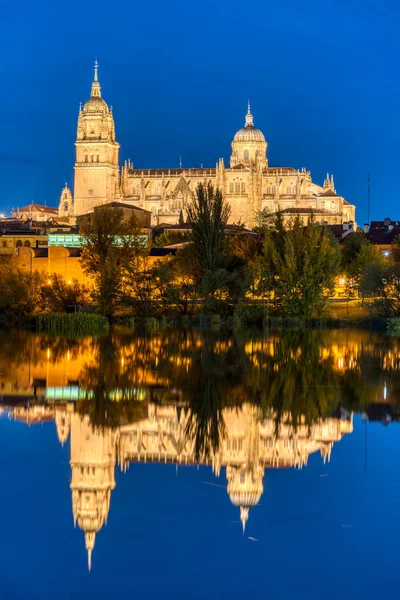 Catedral Salamanca Refletindo Rio Tormes Noite — Fotografia de Stock