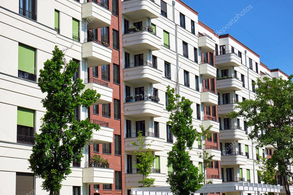 Facades of modern apartment houses seen in Berlin, Germany