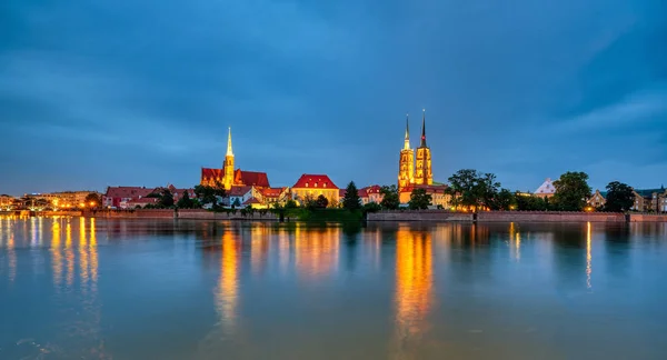Panorama Isla Catedral Wroclaw Polonia Por Noche —  Fotos de Stock