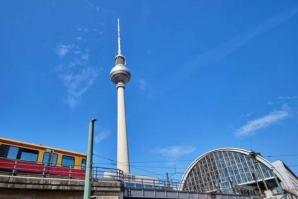 Television Tower Berlin Commuter Train Entering Trainstation — Stock Photo, Image