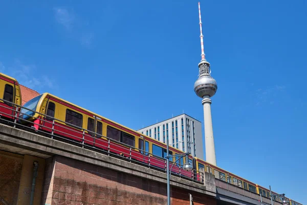 Moving Commuter Train Famous Television Tower Berlin — Stock Photo, Image