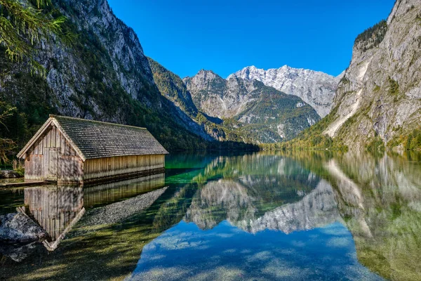 Belle Obersee Dans Les Alpes Bavaroises Avec Hangar Bateaux Bois — Photo