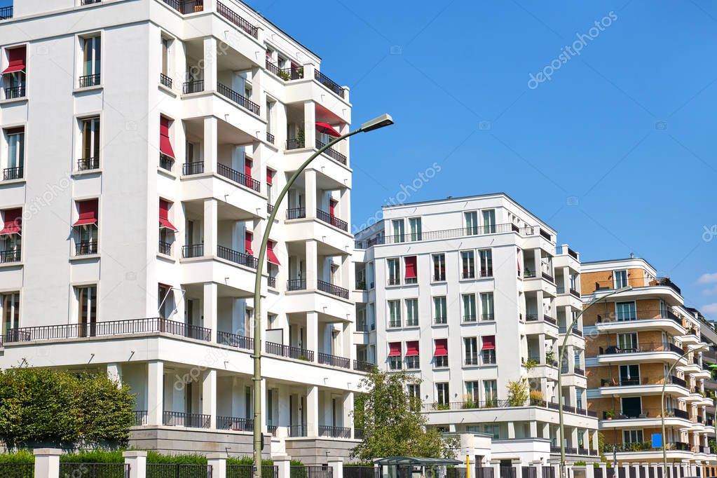 Modern white apartment houses in the Prenzlauer Berg district in Berlin