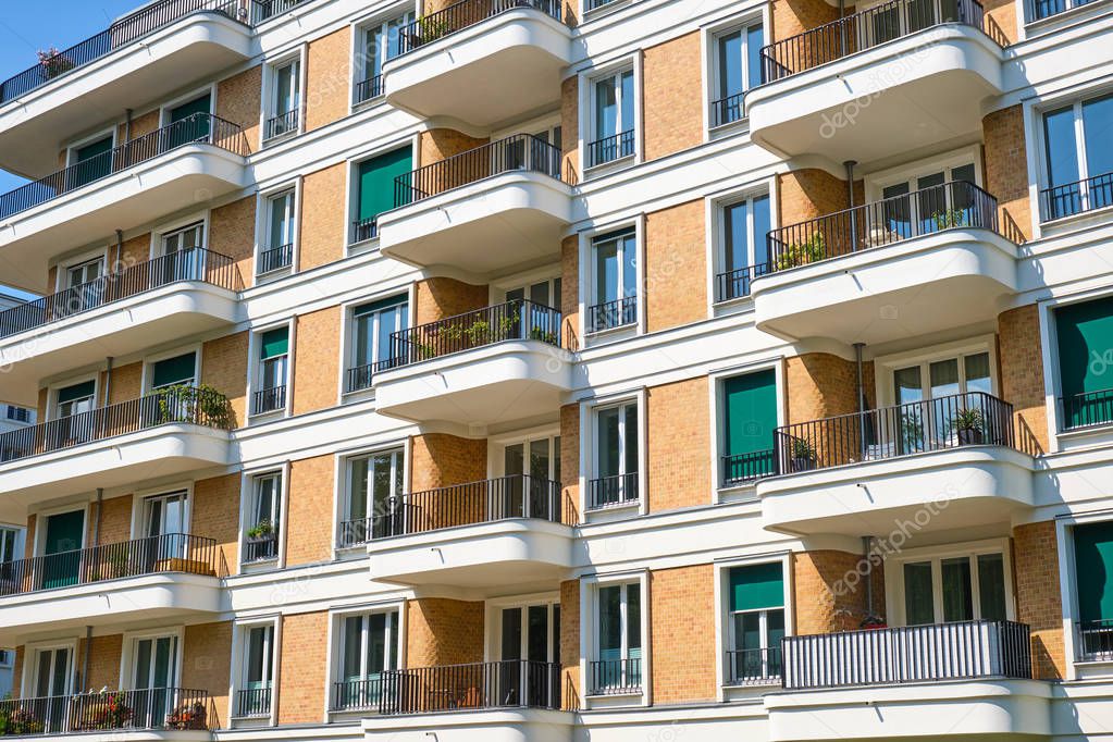 Facade of a contemporary townhouse seen in Berlin, Germany