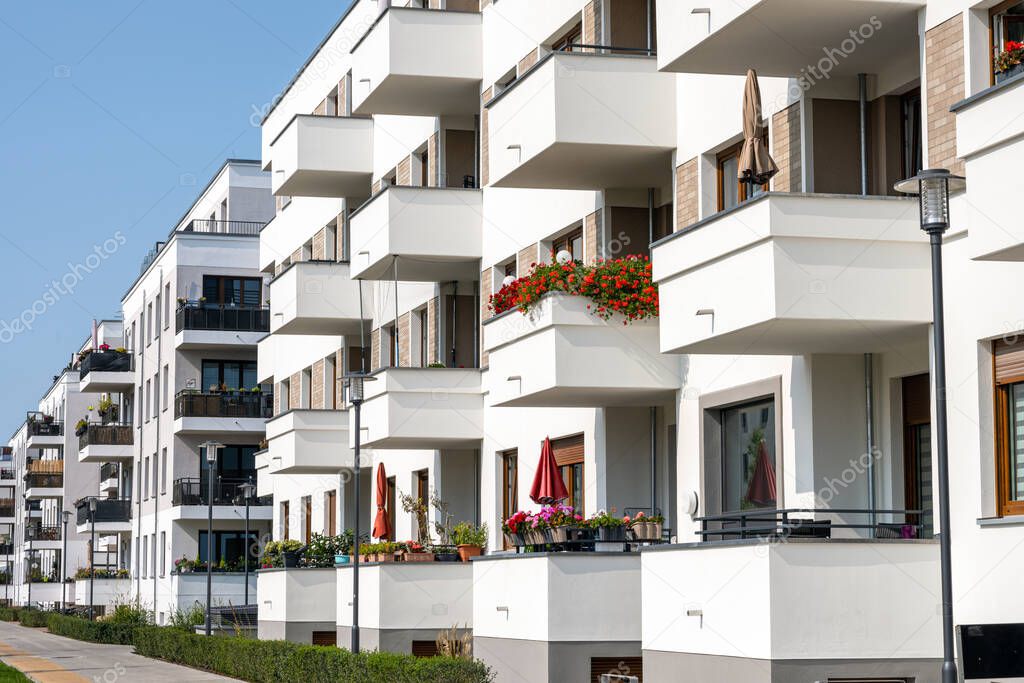 Modern apartment buildings with many balconies seen in Berlin