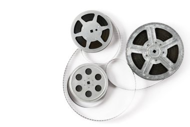 Eski film şerit izole üzerinde beyaz arka plan. Üstten görünüm. Kopya alanı.