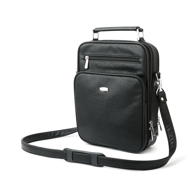 Sac Homme Noir Pour Accessoires Documents Argent Isolé Sur Fond — Photo