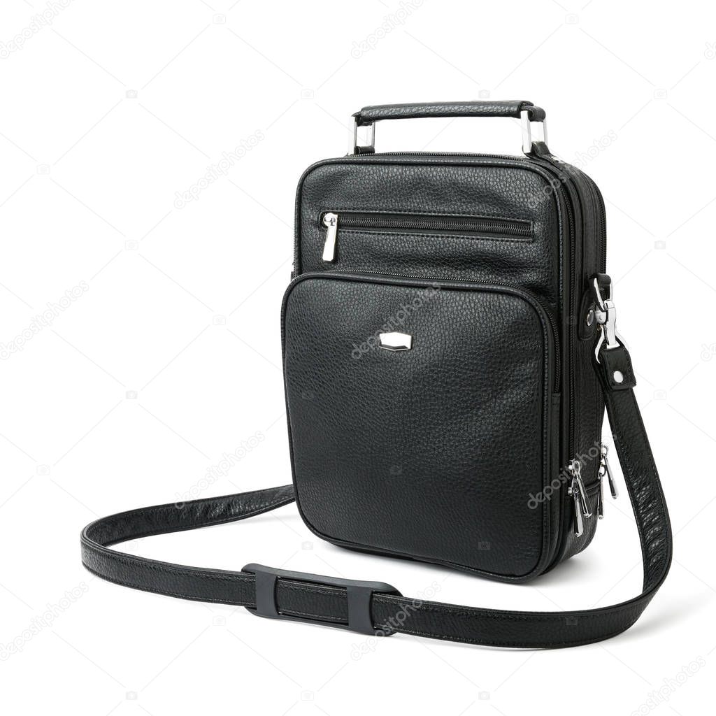 Black male bag for accessories, documents and money isolated on white background.
