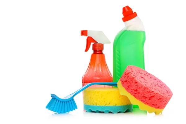 Impostare Detergenti Isolati Sfondo Bianco Detergente Spugne Spazzole Tovaglioli — Foto Stock