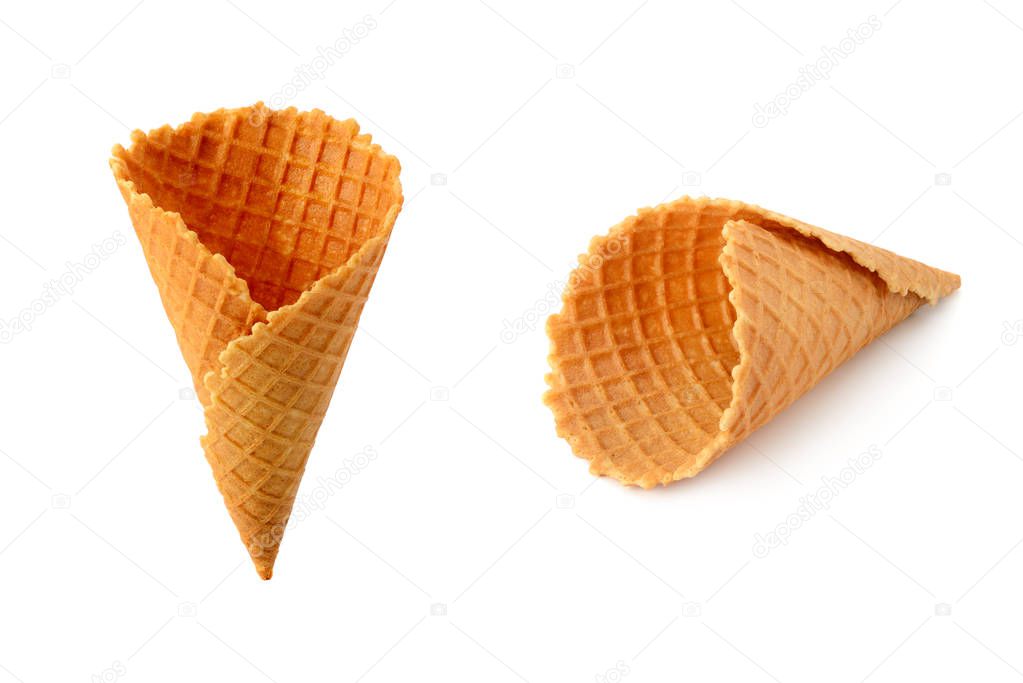 Waffle cones isolated on white background with different camera angles.