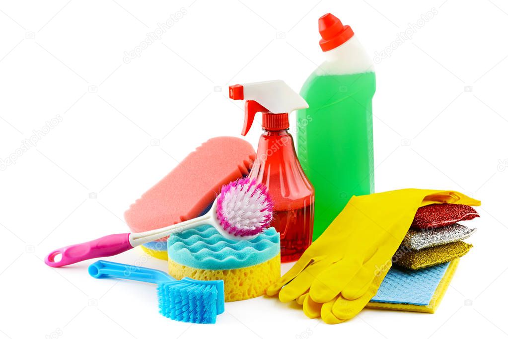 Set cleaners isolated on white background. Detergent, sponges, brush, napkins, rubber gloves