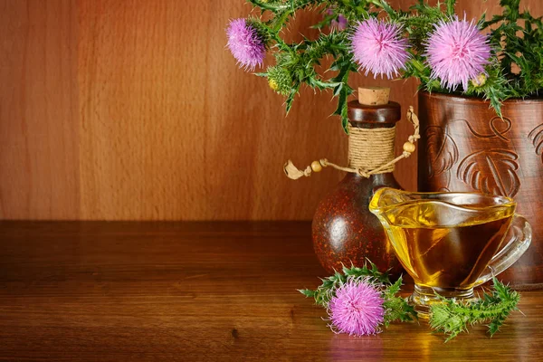 Flowering Plant Milk Thistle Oil Glass Healing Herb Wooden Background — Stock Photo, Image