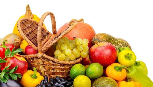 Panier Avec Fruits Légumes Frais Isolés Sur Fond Blanc Vue — Photo