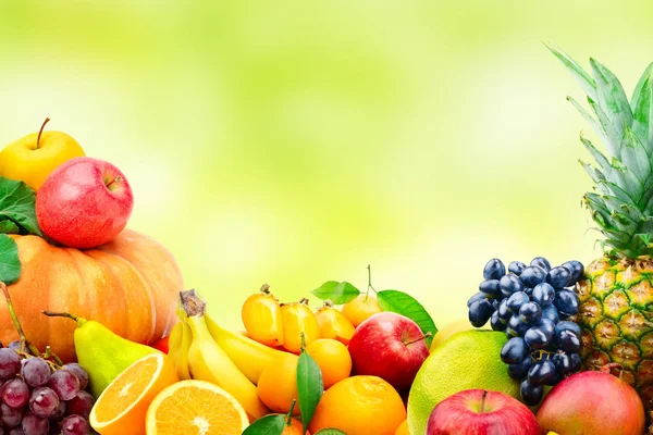 Große Sammlung von Obst und Gemüse auf verschwommenem grünem Hintergrund — Stockfoto