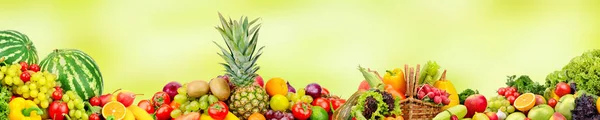 Panoramiczny szeroki zbiór owoców i warzyw na skinali — Zdjęcie stockowe
