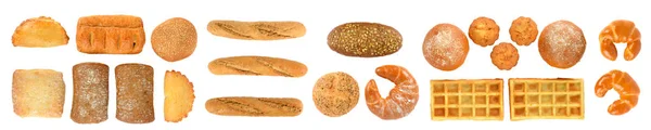 Conjunto panorâmico de produtos de pão fresco isolado em backgrou branco — Fotografia de Stock