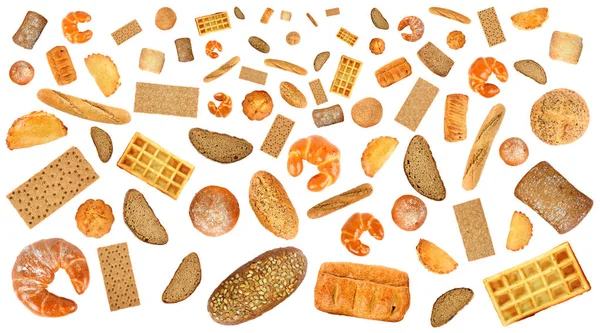 Ποικιλία προϊόντων ψωμιού για διάταξη απομονωμένη σε λευκό backgroun — Φωτογραφία Αρχείου