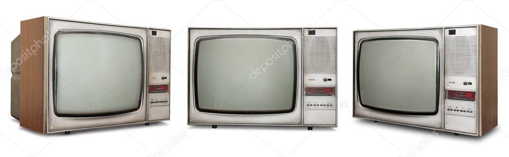 Set of old TVs isolated on white