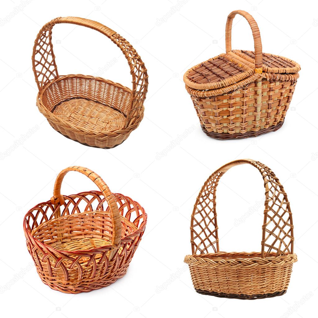 Set of wooden empty baskets isolated on white