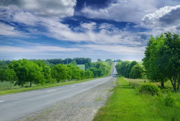Асфальтовая дорога в сельской местности через зеленые летние поля — стоковое фото