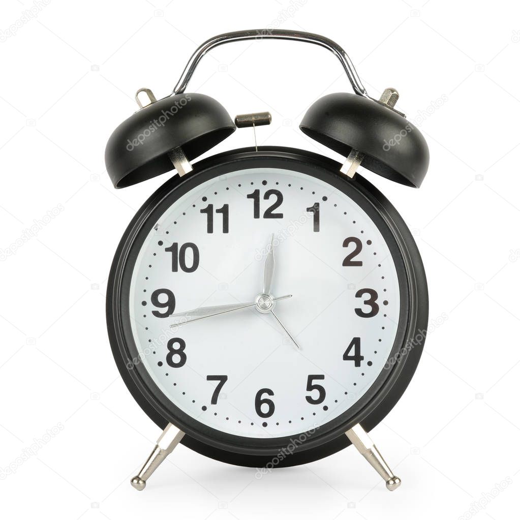 Big black alarm clock in retro style isolated on white