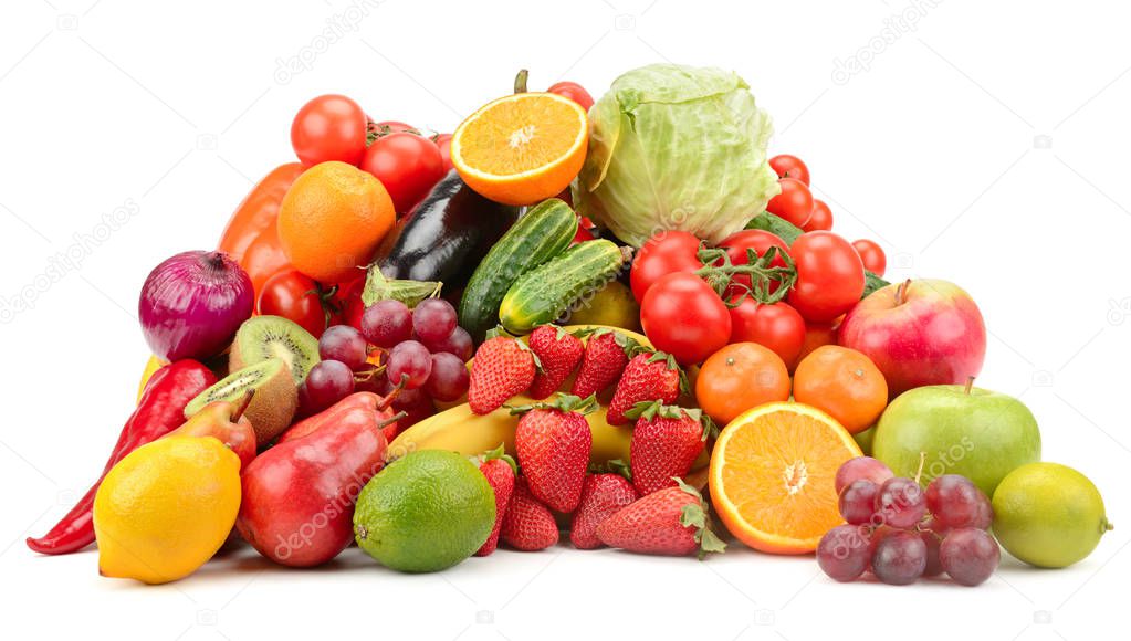 Variety of healthy fresh fruits and vegetables isolated on white