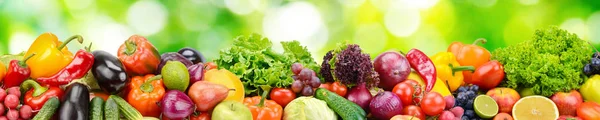 新鲜蔬菜和水果在模糊背景的全景 — 图库照片