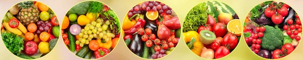 Panoramic photo fresh fruits and vegetables in round frame on bl — Stock Photo, Image