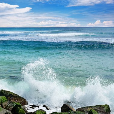 Dalgalar okyanusun taşlı kıyısına karşı kırılır.