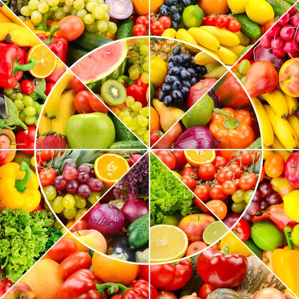 Bright fresh fruits and vegetables in round frame. Natural background.