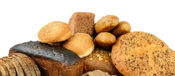 Ψωμί Και Ψημένα Προϊόντα Που Απομονώνονται Στο Λευκό Πλευρική Άποψη — Φωτογραφία Αρχείου