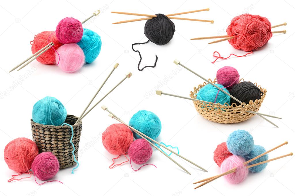 Assorted woolen yarn balls isolated on white background