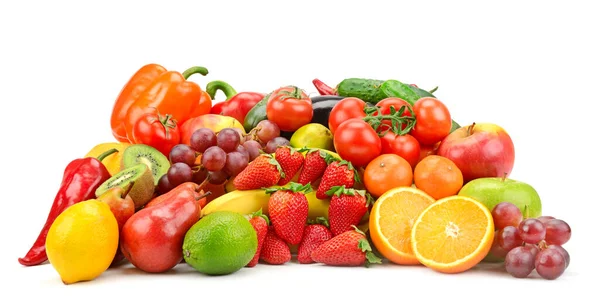 Rakás Különböző Gyümölcsök Zöldségek Bogyók Elszigetelt Fehér Alapon — Stock Fotó