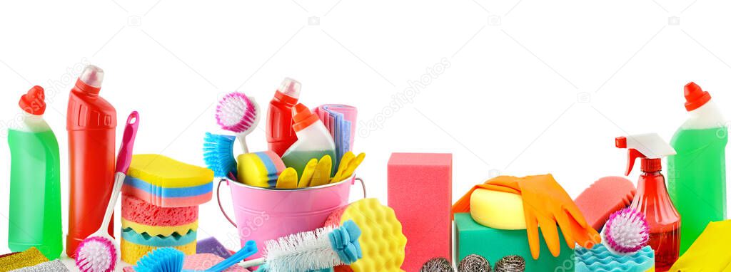 Panorama detergents for kitchen, bathroom, toilet isolated on white background