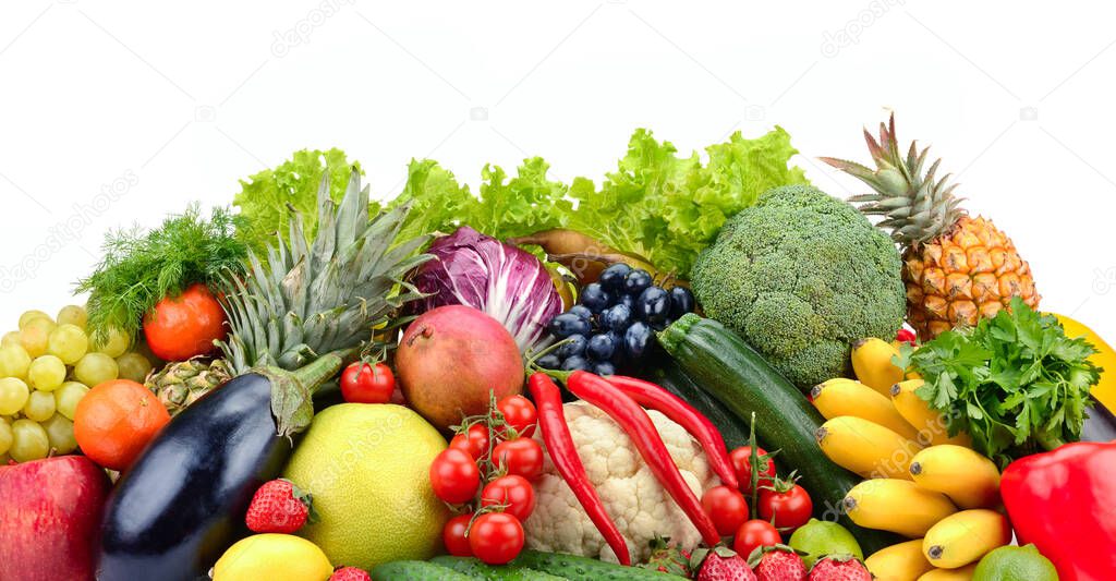 Tasty vegetables, fruits and berries isolated on white background. Copy space