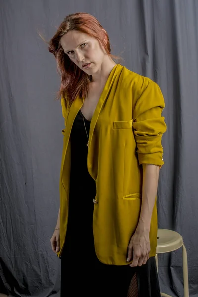 Cheerful Red Haired Woman Long Yellow Jacket — Stock Photo, Image