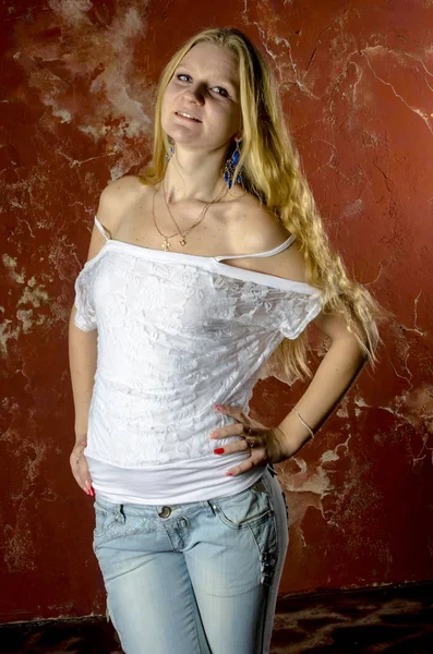 Young Blond Girl Jeans White Sweater — Stock Photo, Image