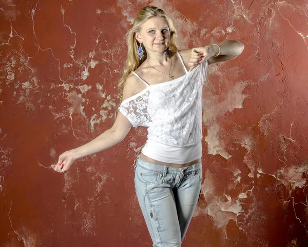 Young Blond Girl Jeans White Sweater — Stock Photo, Image