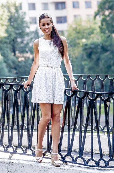 Young Girl White Dress Summer Park Bridge — Stock Photo, Image