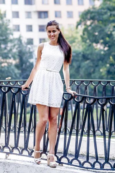 Young Girl White Dress Summer Park Bridge — Stock Photo, Image