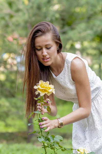 Bir Yaz Parkta Bir Gül Kokulu Beyaz Elbiseli Genç Kız — Stok fotoğraf