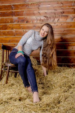 Uzun kahverengi saçlı ve samanlı bir ahırda kot pantolon giyen bir kız.