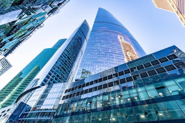 Moskova/Rusya- 21 Mayıs 2019 modern iş merkezi Moscow City'deki yüksek katlı ofis binaları