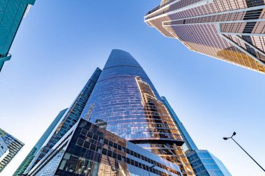 Moskova/Rusya- 21 Mayıs 2019 modern iş merkezi Moscow City'deki yüksek katlı ofis binaları